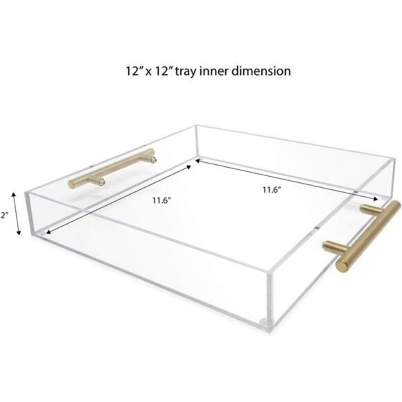 Clear Acrylic Serving Tray (12x12) with Gold Metal Handles, Spill-Proof - Picture 2 of 8